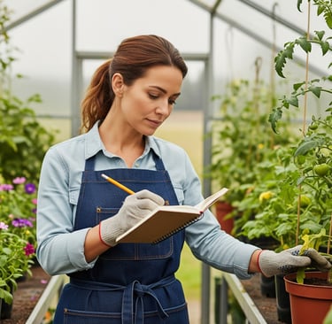 a woman in overalls and overalls is holding a notebook and pen