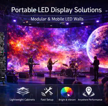 A live band performs in front of a curved modular LED video wall displaying a vibrant galaxy and planet.