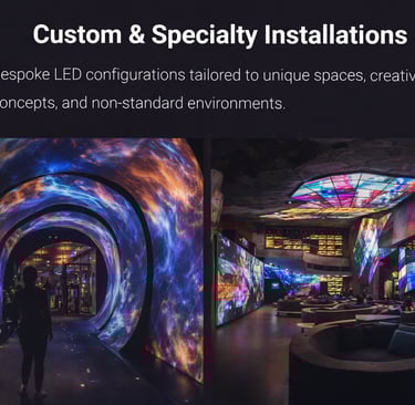 Custom bespoke LED display installations including an immersive video tunnel and artistic ceiling panels.