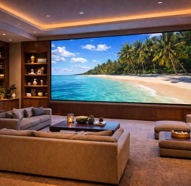 Luxury home theater room featuring a large projection screen displaying a tropical beach, plush sectional seating, and a