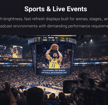 High-brightness LED displays for sports arenas showing a live basketball game on a center-hung scoreboard.