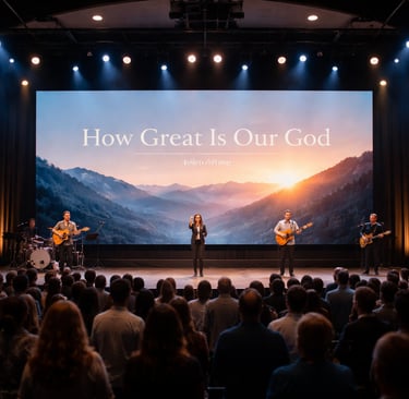 A worship band performs on stage with a large screen displaying "How Great Is Our God" and a scenic mountain sunset