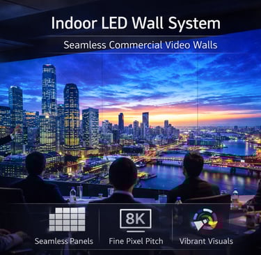 Seamless indoor LED video wall system displaying an 8K cityscape for a commercial business meeting.