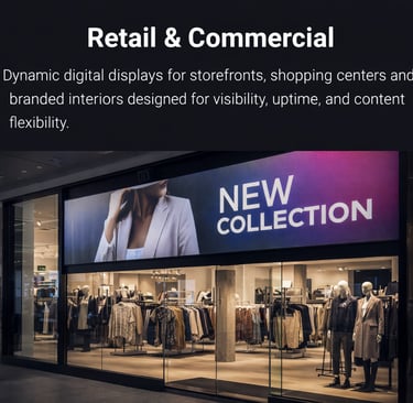 Dynamic digital signage display above a retail storefront showcasing a new collection advertisement.