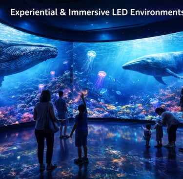 Visitors in an immersive LED environment viewing a large-scale whale and coral reef digital aquarium exhibit.