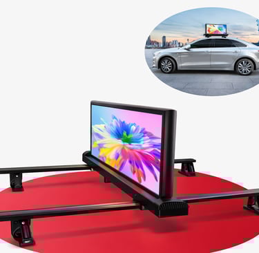 Car rooftop LED display for taxi advertising, showcasing a bright screen and installation hardware, promoting mobile digital