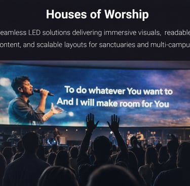 A large church LED video wall displaying worship lyrics during a sanctuary service.