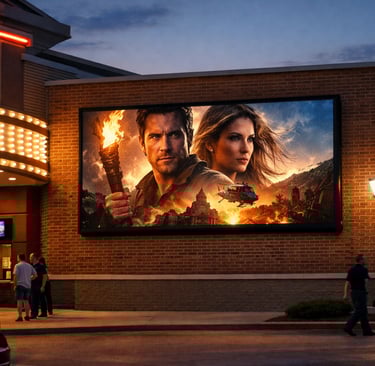 Outdoor LED Wall system on a brick cinema at dusk.