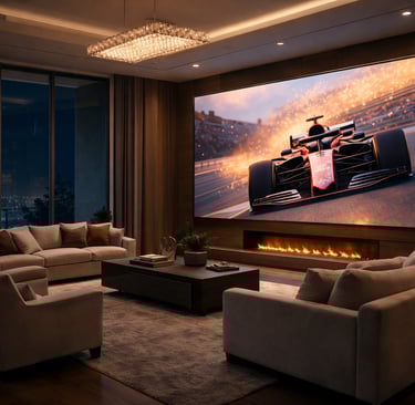 Luxury home theater with a large projection screen displaying a high-speed Formula 1 racing car.