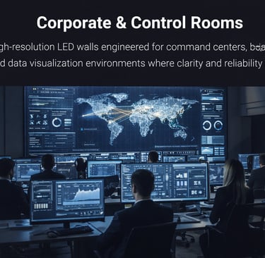 Operators monitoring data on high-resolution LED walls and screens in a modern corporate control room.
