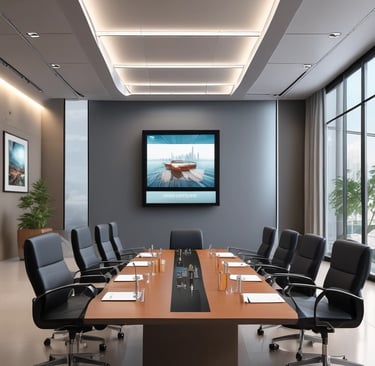 Modern office conference room with a wooden boardroom table, black leather chairs, and a wall-mounted digital display.