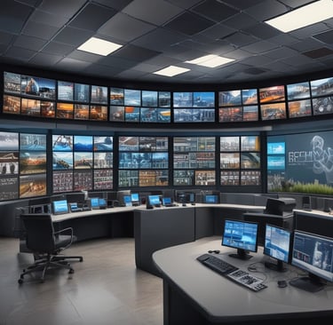 A modern security operations center with a large video wall displaying multiple surveillance feeds and data monitors.