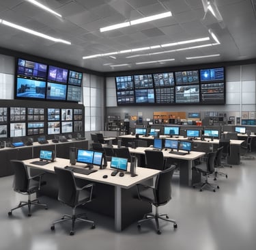 Modern security operations center with rows of workstations and large wall-mounted monitoring screens.