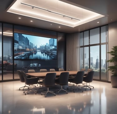 Modern office conference room with a large wooden table, black ergonomic chairs, and a digital display screen.