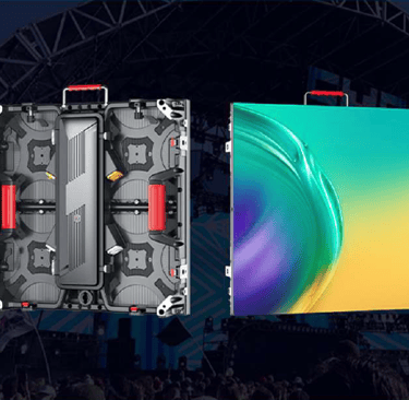 Front and back view of a high-resolution outdoor rental LED display panel for concert stage events.