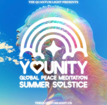 Official flyer for Y♡UNITY Global Peace Meditation with an artistic depiction of a woman and rainbow