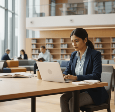 A Pakistani professional in their mid-20s, in a modern UK university library, embodying a focused postgraduate atmosphere.