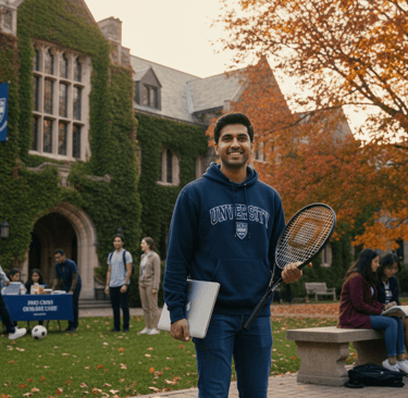 Pakistani undergraduate at a prestigious American university campus, featuring ivy-covered buildings