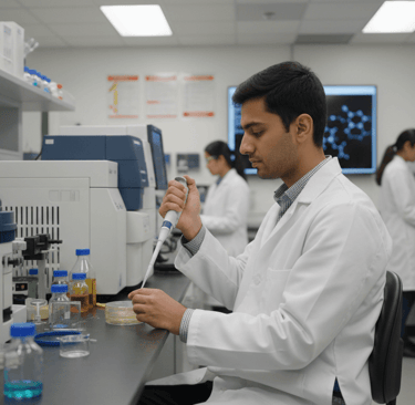 Pakistani researcher in an American university laboratory, working on cutting-edge research with advanced equipment