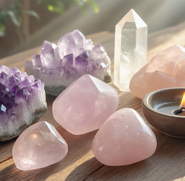 Kristalle und Edelsteine mit Kerze auf Tisch für Meditation