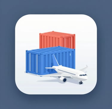 Isometric air freight icon featuring a white cargo plane with blue and red shipping containers.