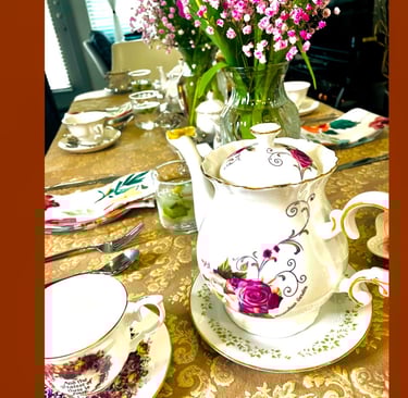 a table with a vase of flowers in a vase