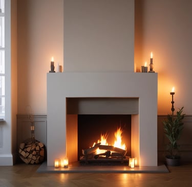 Cheminée moderne avec un feu vif et chaleureux, entourée d'un cadre minimaliste.