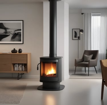 Poêle à bois moderne avec un conduit noir, placé au centre d'une pièce lumineuse et épurée.