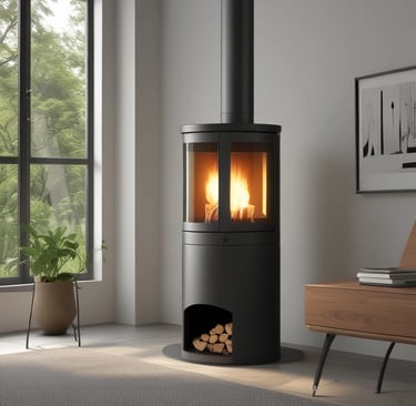 Poêle à bois cylindrique et moderne, avec une porte vitrée laissant apparaître des flammes vives.