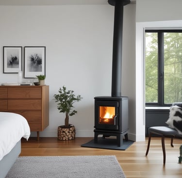 Un poêle à bois traditionnel avec un feu visible à travers la porte vitrée.