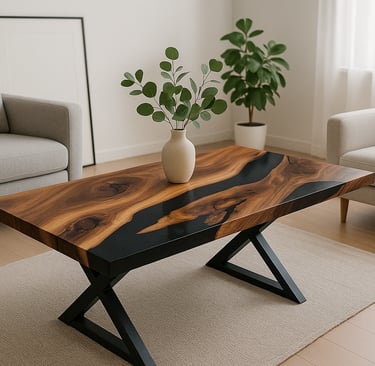 stół z litego drewna z czarną żywicą