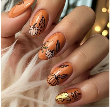 Glossy pumpkin nail art with black leaf designs and golden accent on a warm orange base – cozy autum