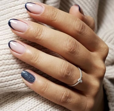 Blue ombre nails fading from nude to aqua with rhinestone accents – dreamy fall-to-winter transition