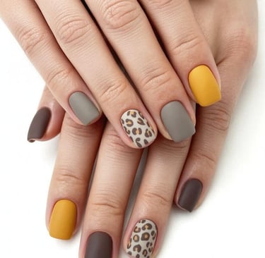 Matte fall nails with mustard yellow, taupe, and brown tones paired with a leopard print accent nail