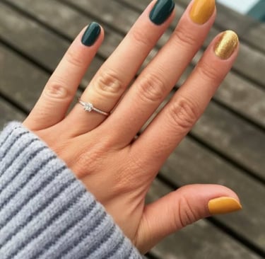 Dark green, mustard, and gold shimmer nails for fall – moody and modern nail color combo perfect for