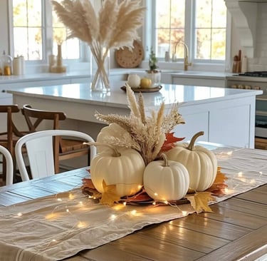 Modern farmhouse kitchen decorated for autumn with white pumpkins, pampas grass, amber fairy lights,