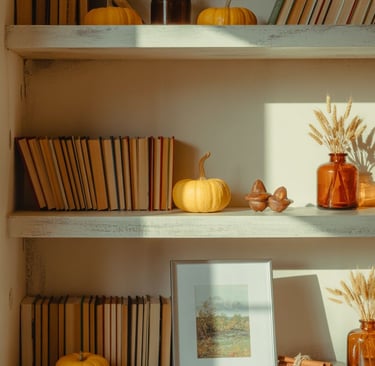 Minimal autumn bookshelf styling with vintage books, mini pumpkins, amber glass vases with dried whe