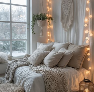 boho bedroom decorated with vintage lamps