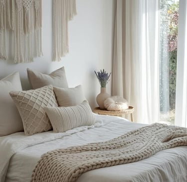 budget-friendly grey boho bedroom with chunky knit blanket