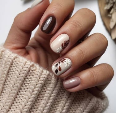 Brown and nude fall nails with fine leaf art details on a short, rounded manicure.