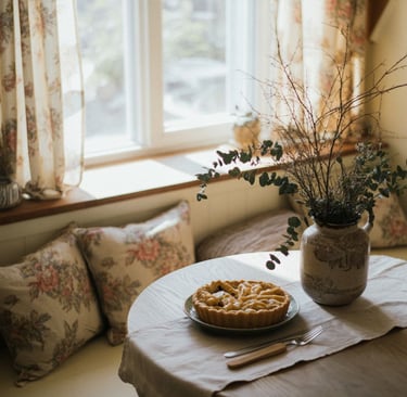 Cozy autumn dining nook with floral cushions, a rustic wooden table set with a linen runner, a ceram