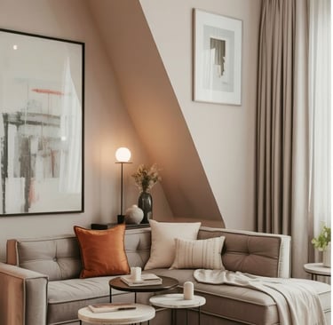 Narrow living room with creative angled furniture placement, corner seating, soft neutral palette em