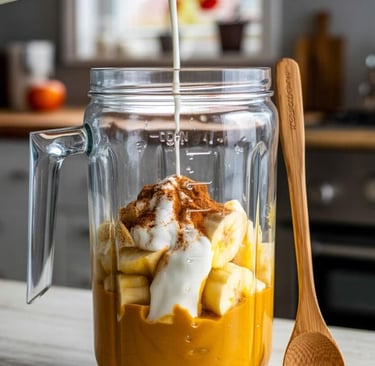 Ingredients for a pumpkin smoothie in a blender jar, with banana slices, pumpkin puree, dairy-free y