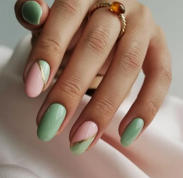 Mint and blush nails with gold stripe detail