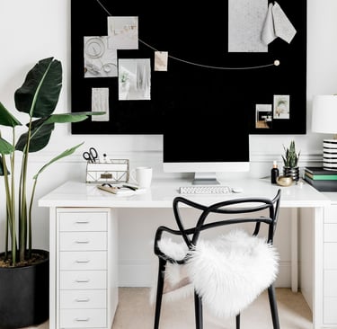 Narrow living room with multi-functional layout, slim sofa, workspace zone, light wood furniture, mo