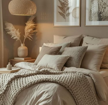 neutral boho bedroom with pampas grass