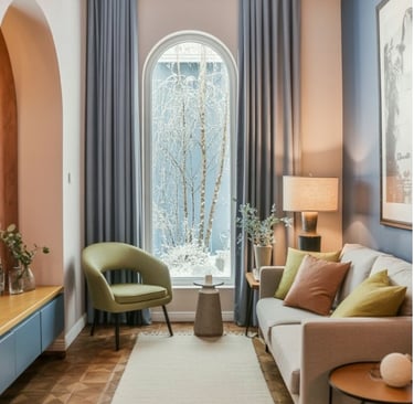 Long narrow living room with clear walkway, open-back furniture and natural light, designed for easy