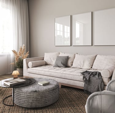 Compact narrow living room with slim furniture, small round coffee table, neutral colors, minimalist