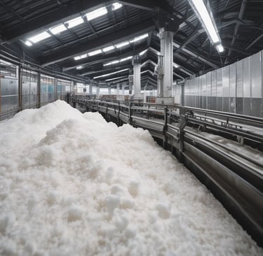 A large white pile of salt or similar material is situated behind a green wire fence. An industrial structure with metal beams and a conveyor belt runs above the mound. In the background, there are buildings and a clear blue sky.