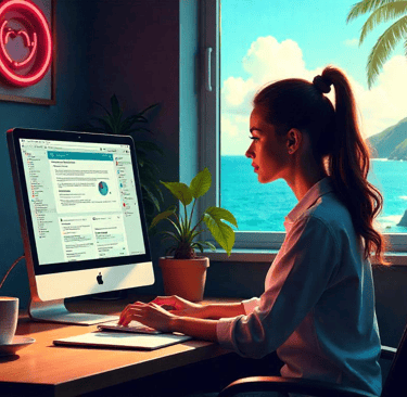 Femme travaillant sur un ordinateur avec une vue sur la mer, illustrant le télétravail et la gestion